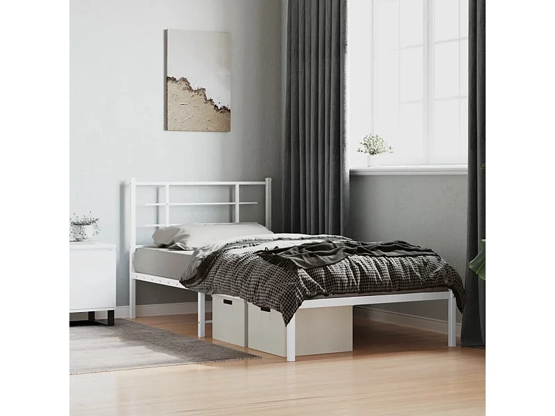 Cadre de lit métal sans matelas et tête de lit blanc 107x203 cm