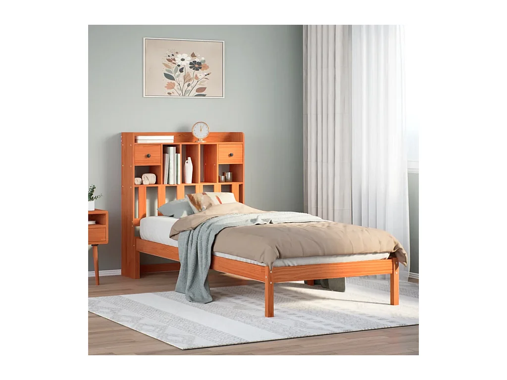 Cama c/ estante sem colchão 100x200cm pinho maciço castanho-mel