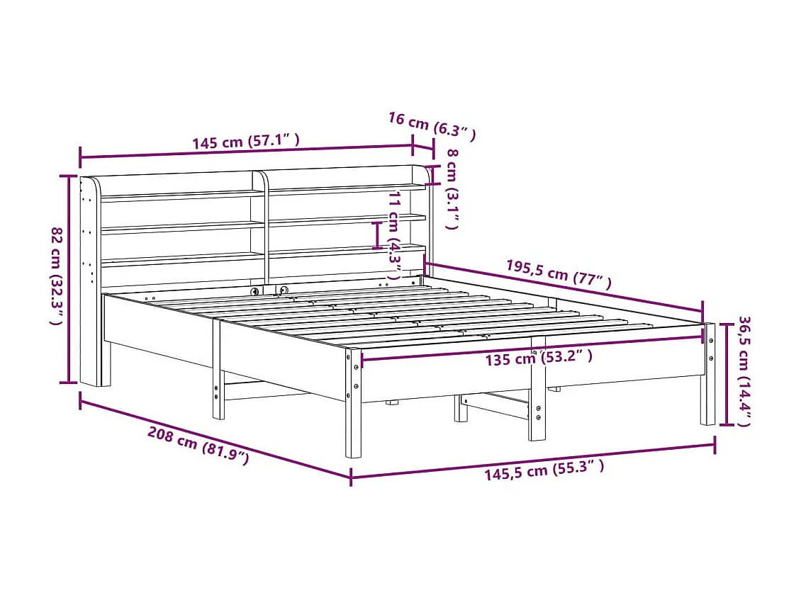 Bedframe zonder matras massief grenenhout wit 135x190 cm