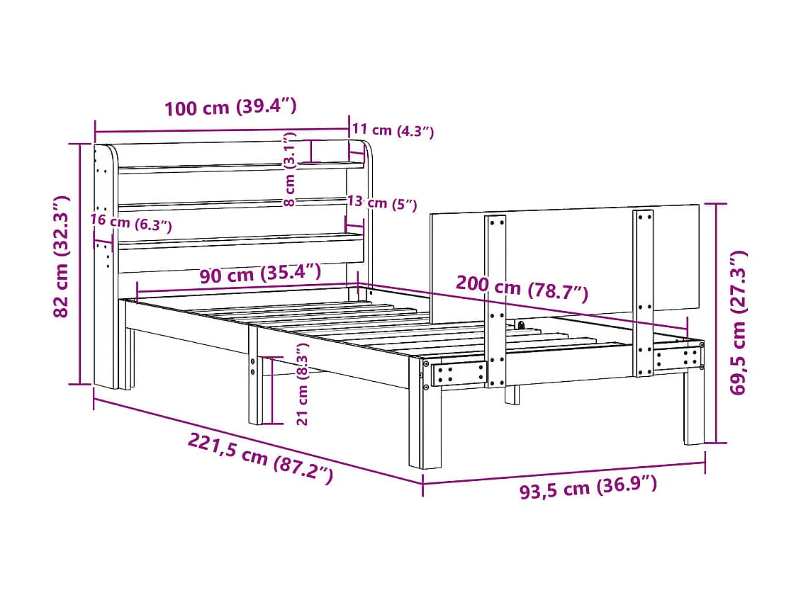 Giroletto con Testiera senza Materasso Bianco 90x200 cm