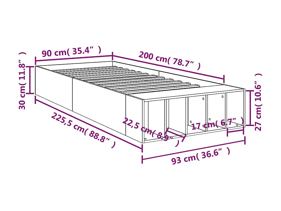 Cadre de lit sans matelas gris béton 90x200 cm