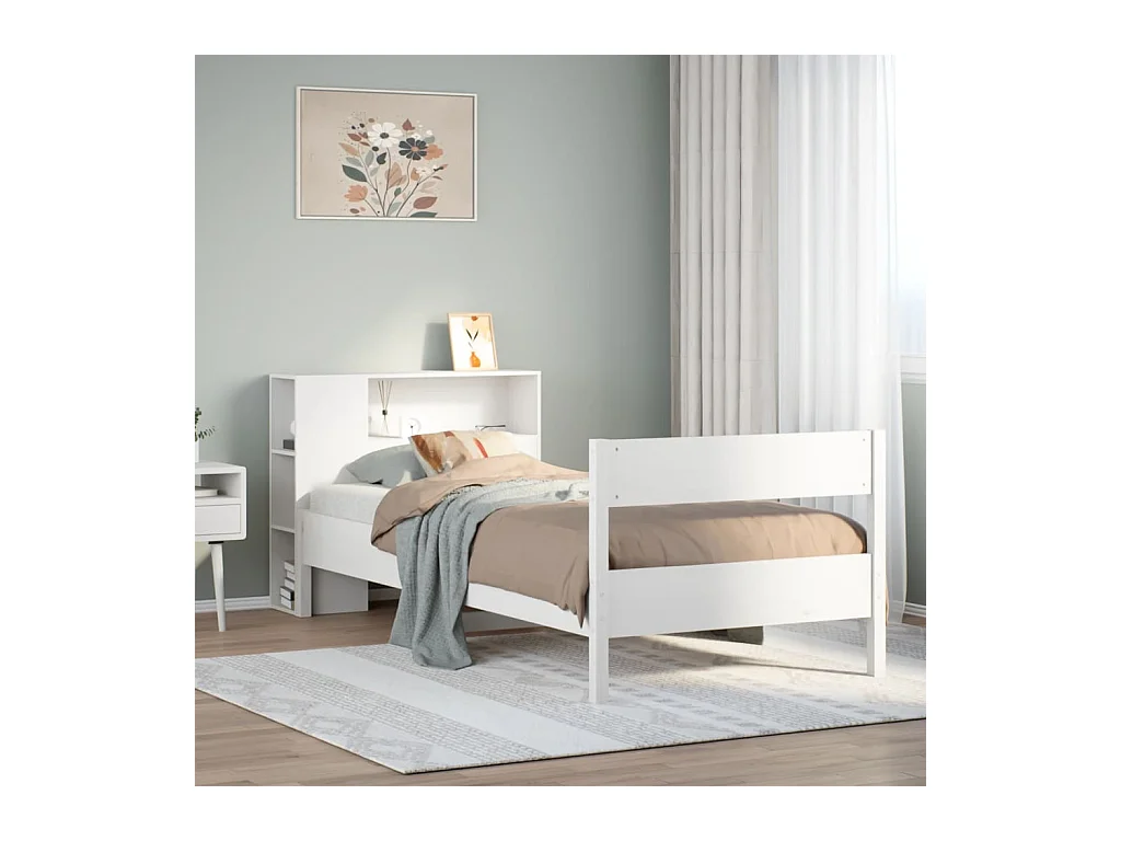 Cama con estantería sin colchón madera maciza blanca 75x190 cm