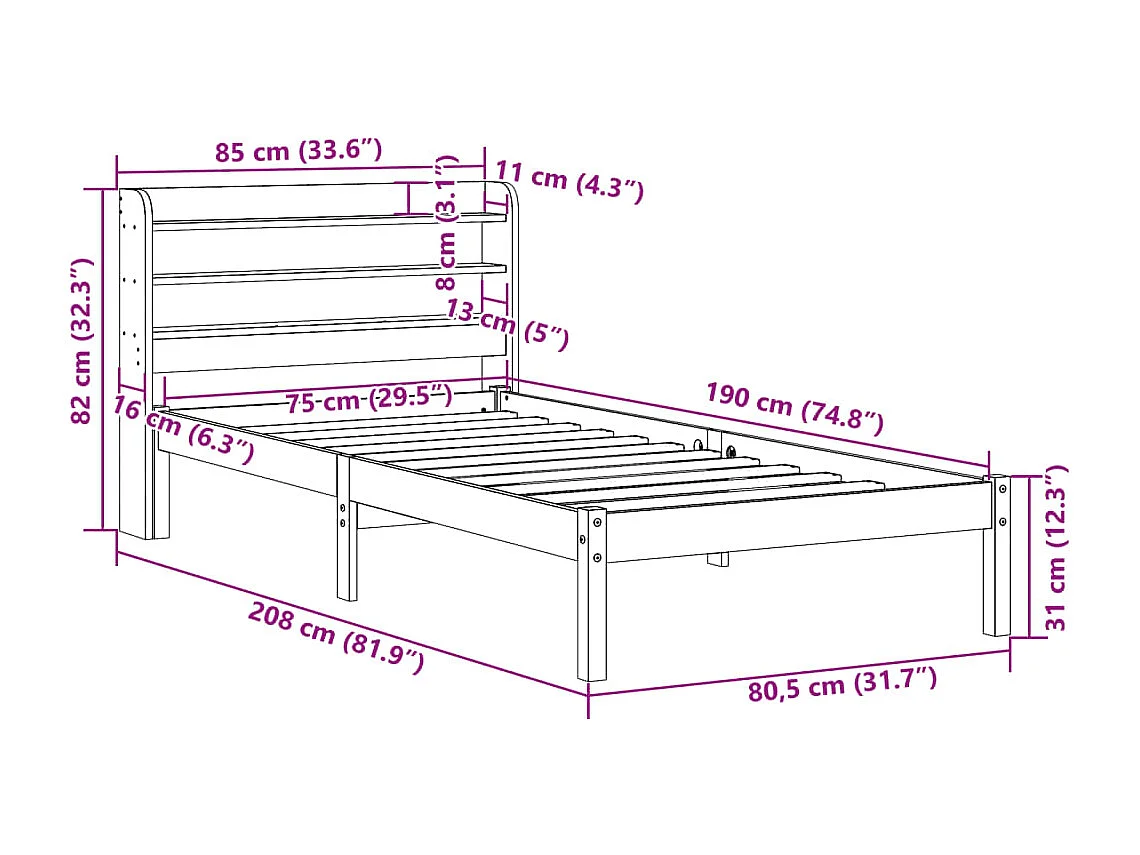Cadre de lit sans matelas blanc 75x190 cm bois de pin massif