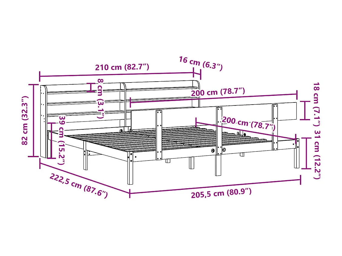 Cadre de lit sans matelas blanc 200x200 cm bois massif de pin