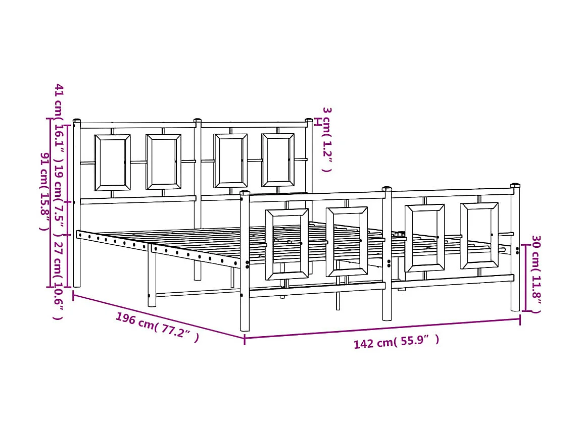 Cadre de lit métal sans matelas et pied de lit blanc 135x190 cm