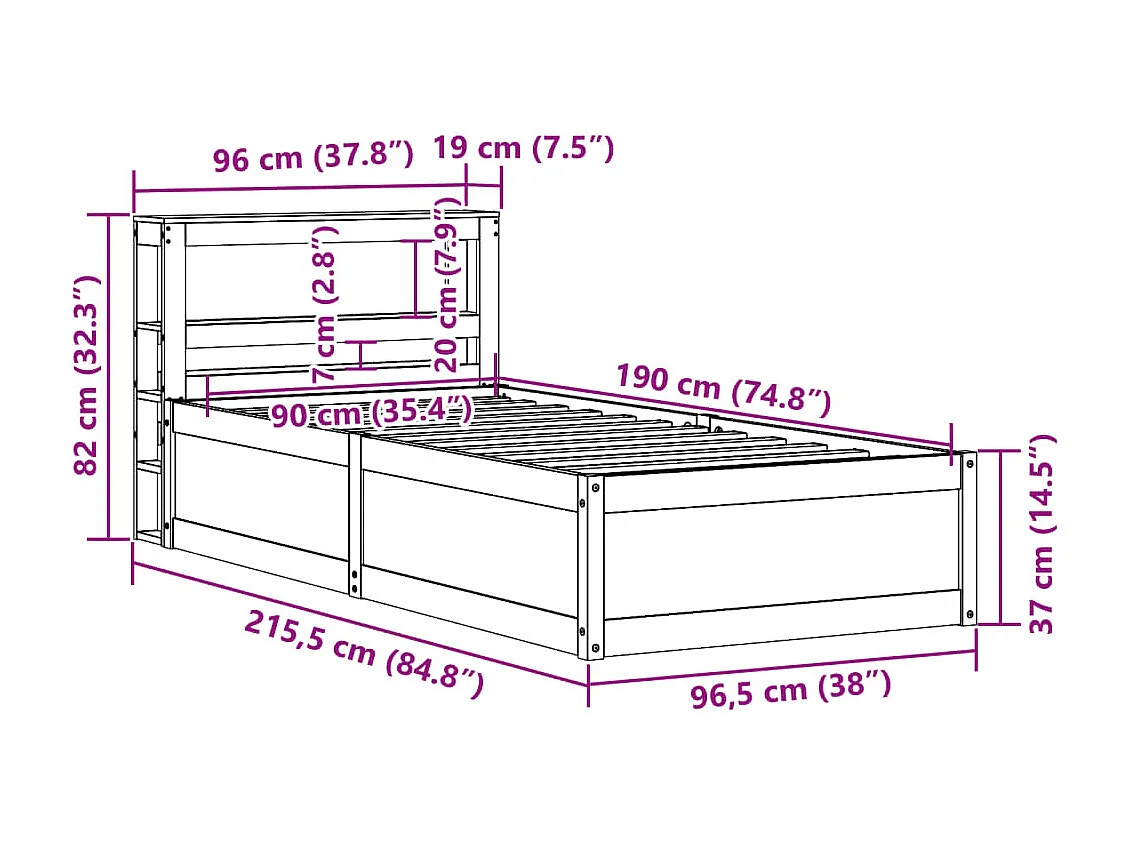 Giroletto con Testiera Bianco 90x190 cm Legno Massello di Pino