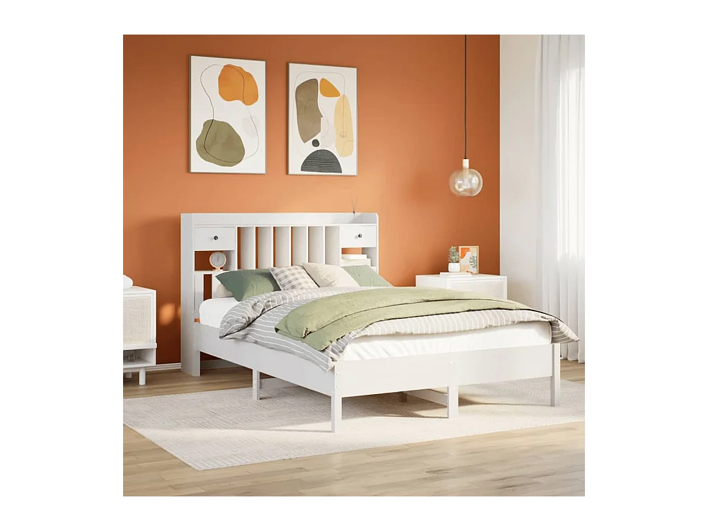 Lit bibliothèque sans matelas blanc 140x190 cm bois pin massif