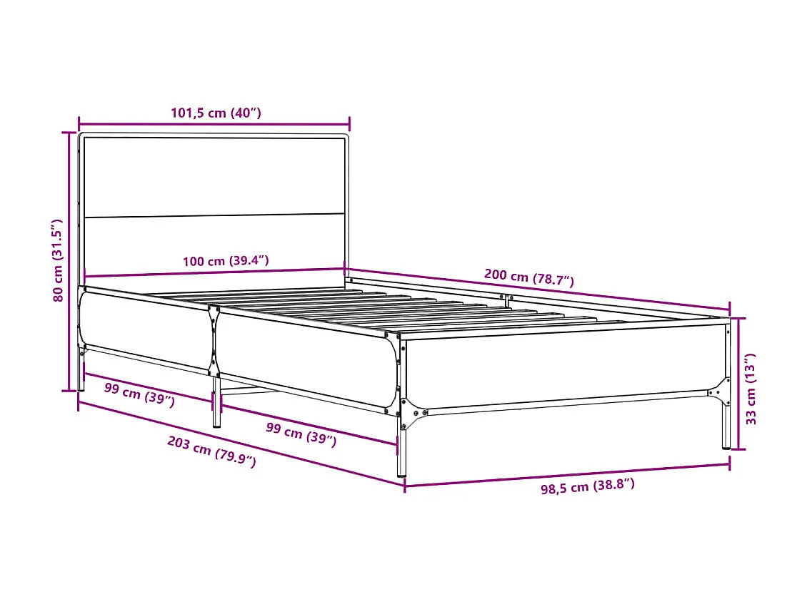 Bedframe bewerkt hout en metaal grijs sonoma eiken 100x200 cm