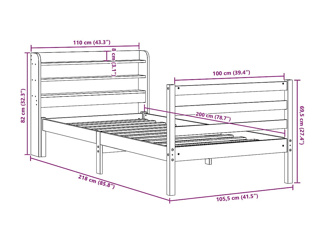 Cadre de lit sans matelas cire marron 100x200cm bois pin massif