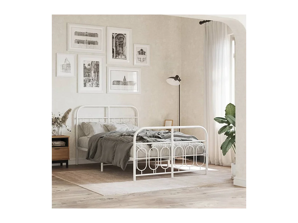 Cadre de lit métal sans matelas et pied de lit blanc 120x190 cm