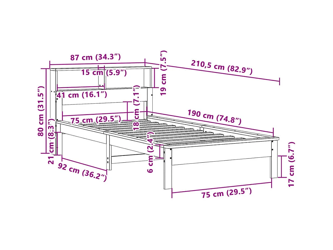 Lit bibliothèque sans matelas blanc 75x190cm bois de pin massif