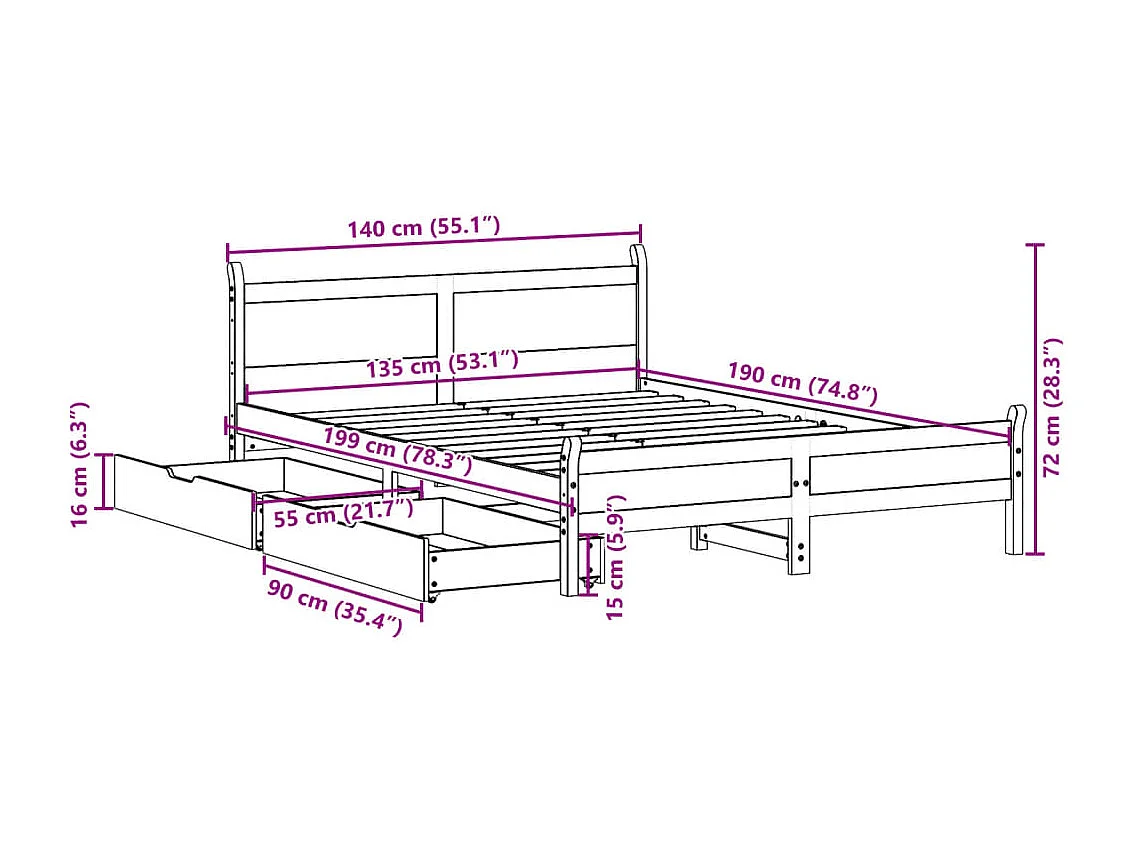 Cadre de lit sans matelas blanc 135x190 cm bois de pin massif