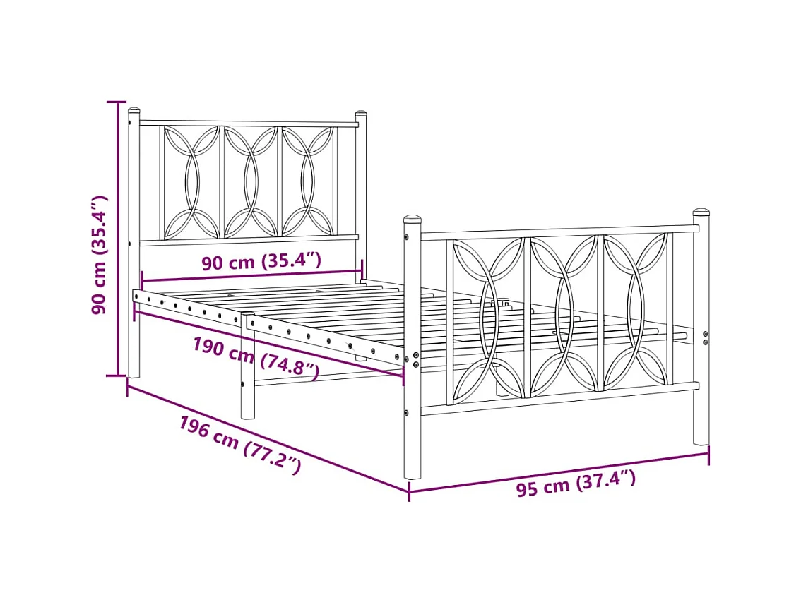 Cadre de lit métal sans matelas avec pied de lit blanc 90x190cm