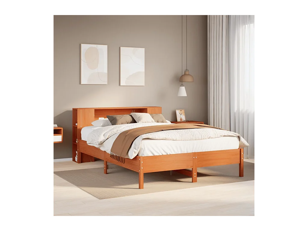 Lit bibliothèque sans matelas cire marron 140x190 cm pin massif