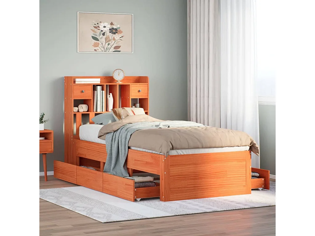 Lit bibliothèque sans matelas cire marron 90x190 cm pin massif