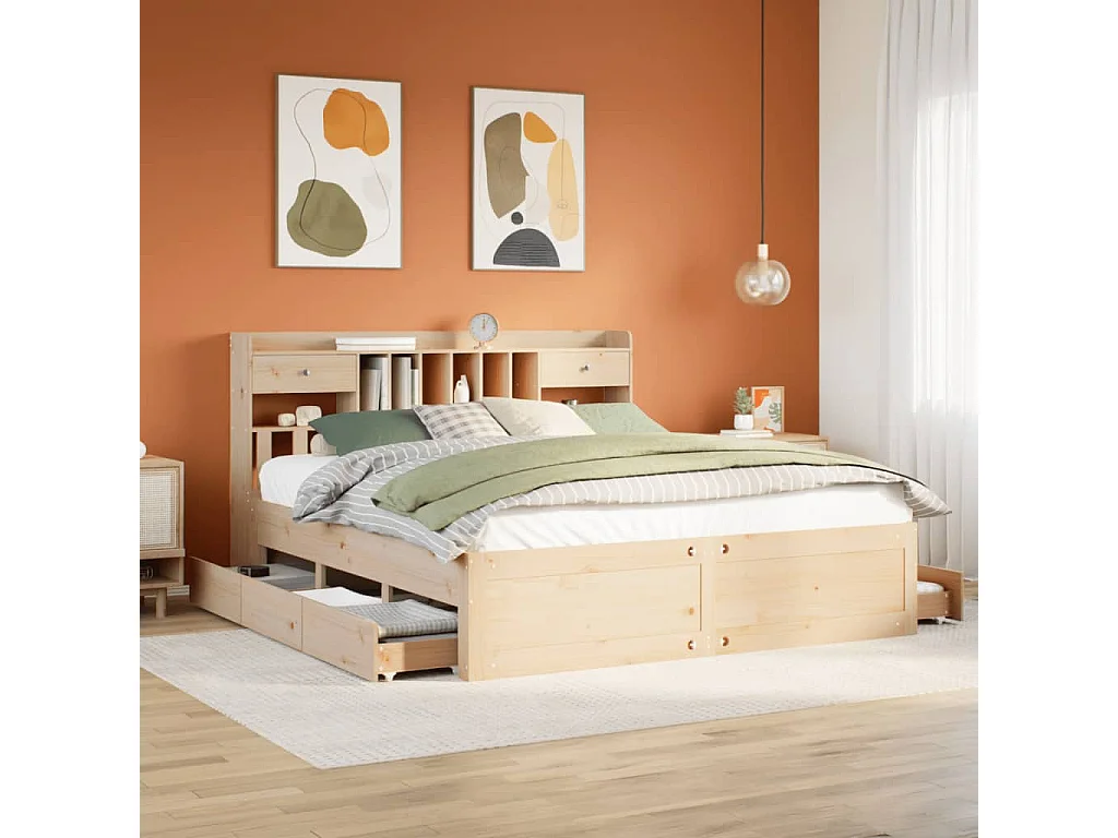 Lit bibliothèque sans matelas 200x200 cm bois massif de pin