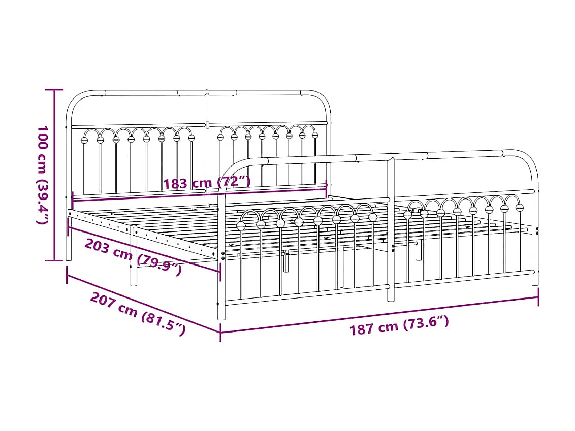 Estrutura de cama com cabeceira e pés 183x203 cm metal branco