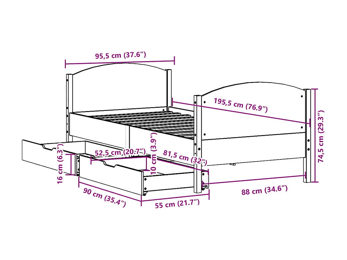 Cadre de lit sans matelas cire marron 90x190 cm bois pin massif