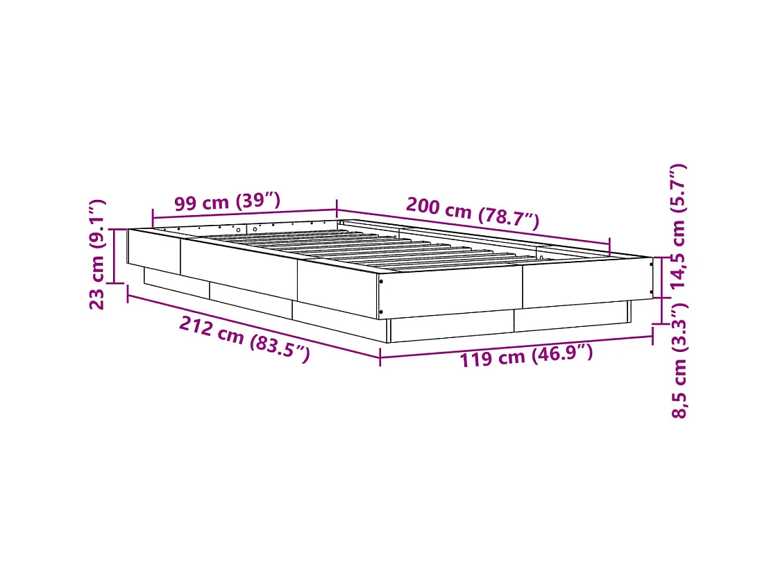 Cadre de lit sans matelas gris béton 100x200 cm