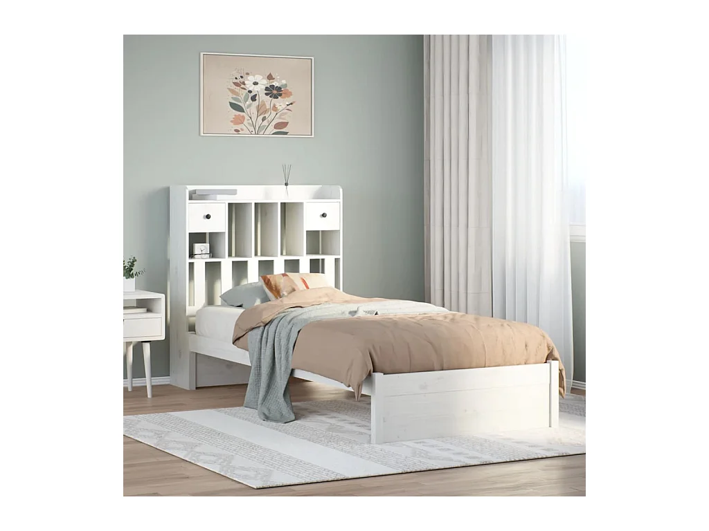 Lit bibliothèque sans matelas blanc 75x190cm bois de pin massif