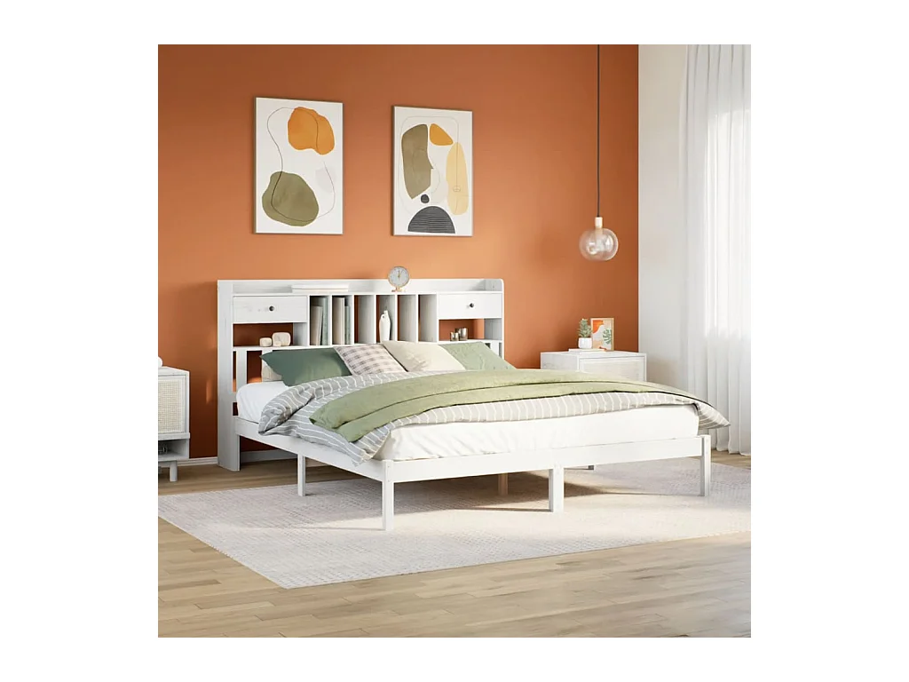 Lit bibliothèque sans matelas blanc 180x200 cm bois pin massif