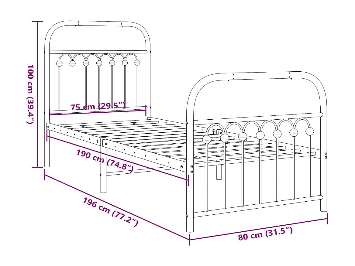 Bedframe met hoofd- en voeteneinde metaal zwart 75x190 cm