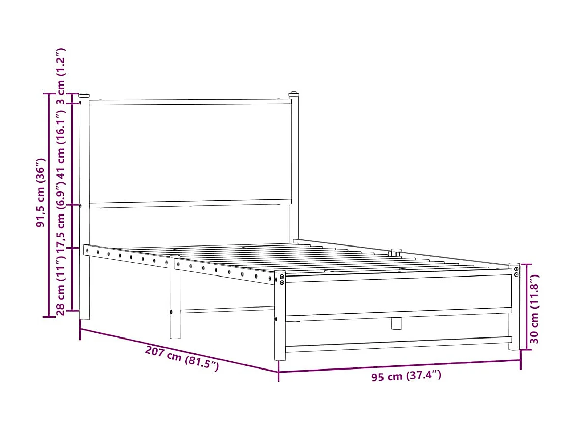 Cadre de lit en métal sans matelas chêne marron 90x200 cm