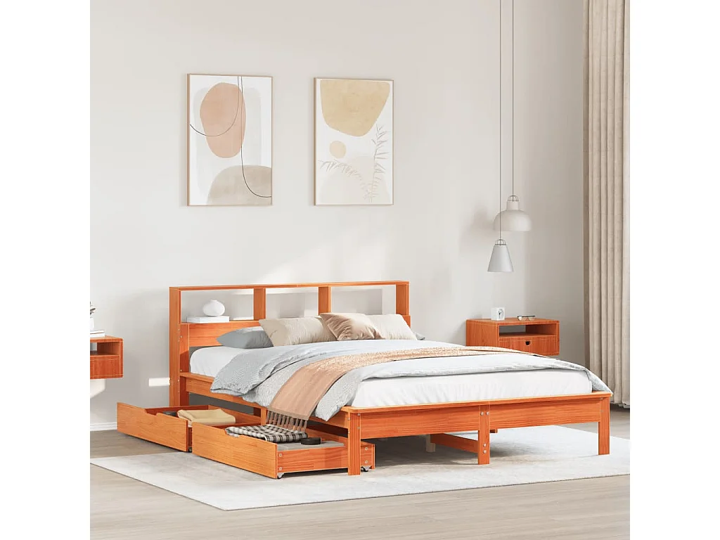 Letto Libreria senza Materasso Marrone Cera 140x200 cm in Pino