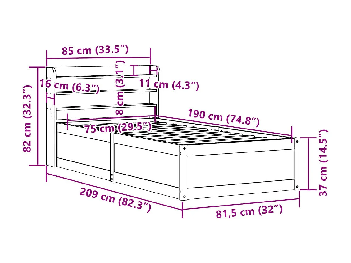 Estrutura cama c/ cabeceira 75x190 cm pinho maciço castanho-mel