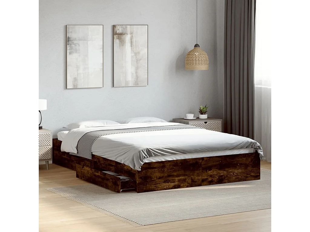 Cama con cajones madera de ingeniería roble ahumado 150x200 cm