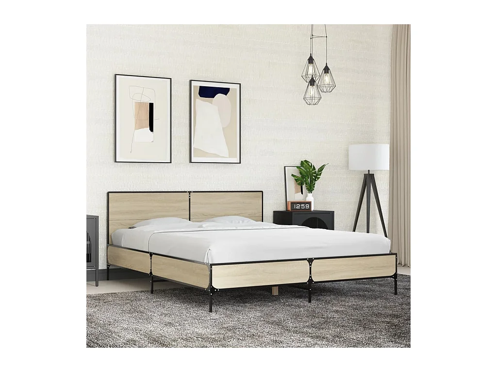 Bedframe bewerkt hout metaal sonoma eikenkleurig 150x200 cm