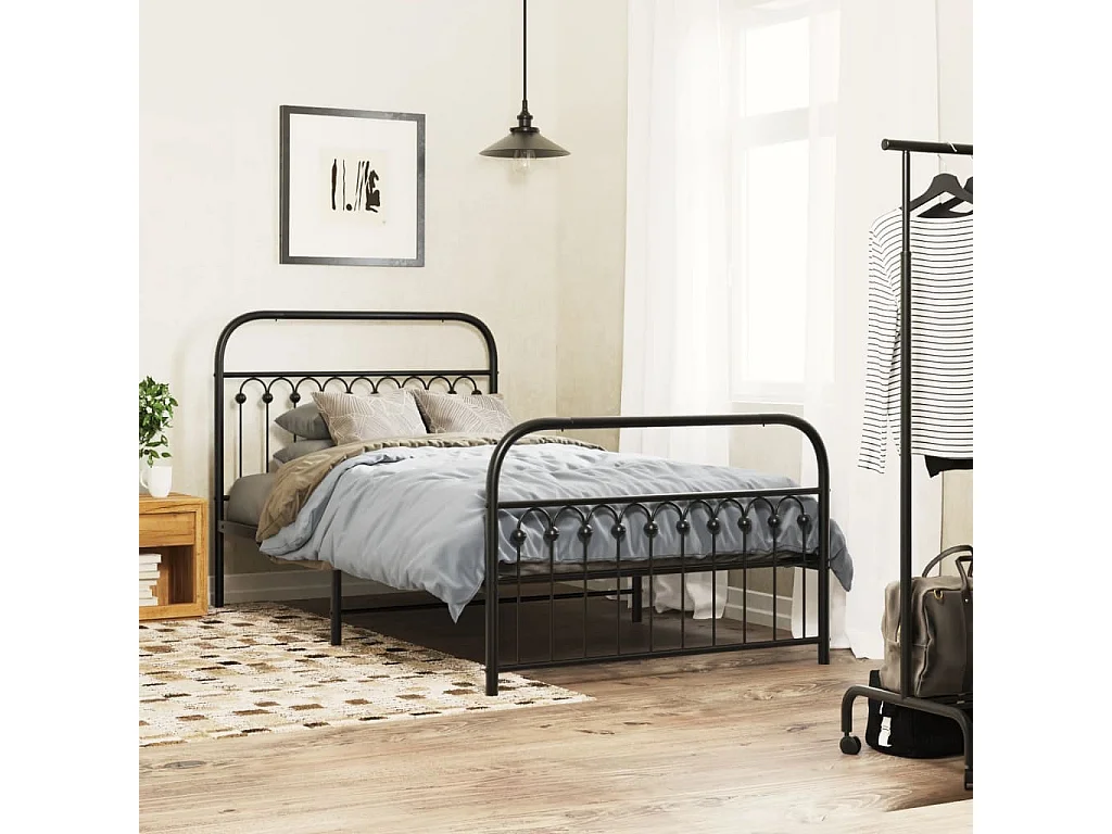 Cadre de lit métal sans matelas avec pied de lit noir 107x203cm