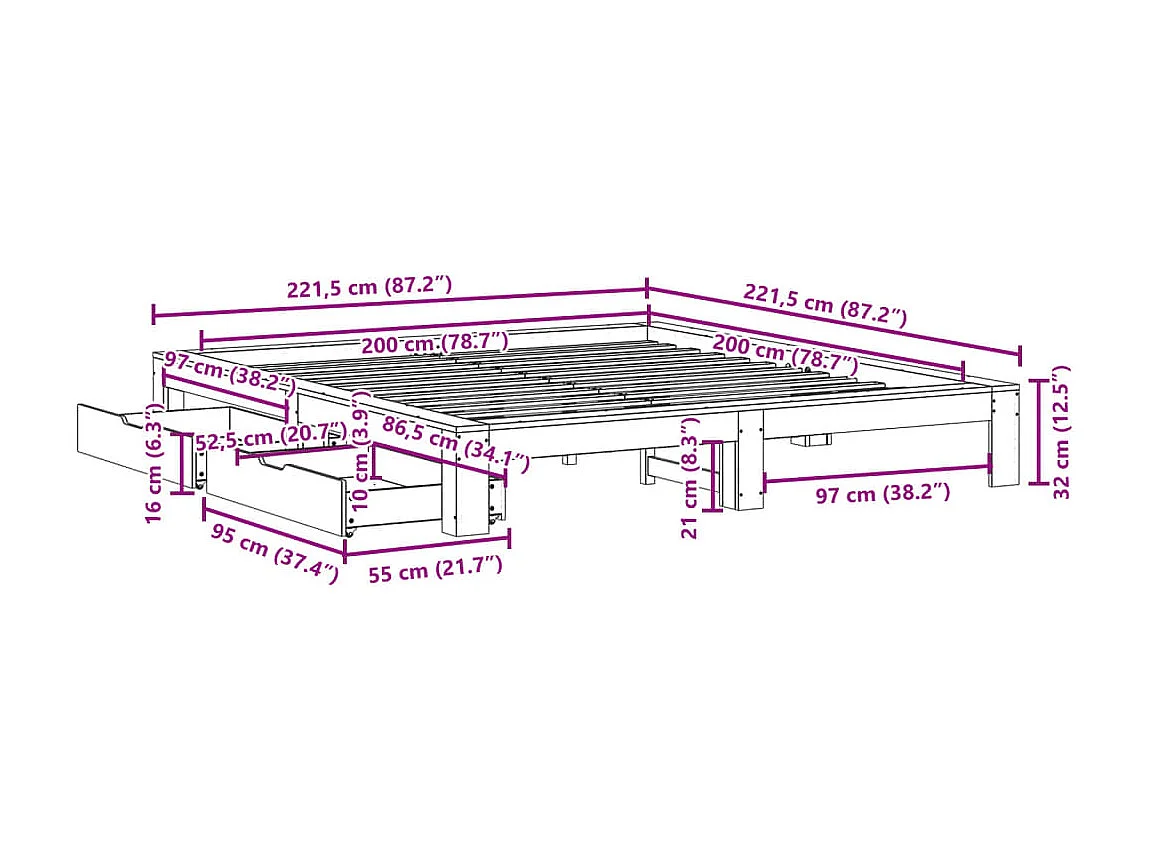 Cadre de lit sans matelas blanc 200x200 cm bois massif de pin