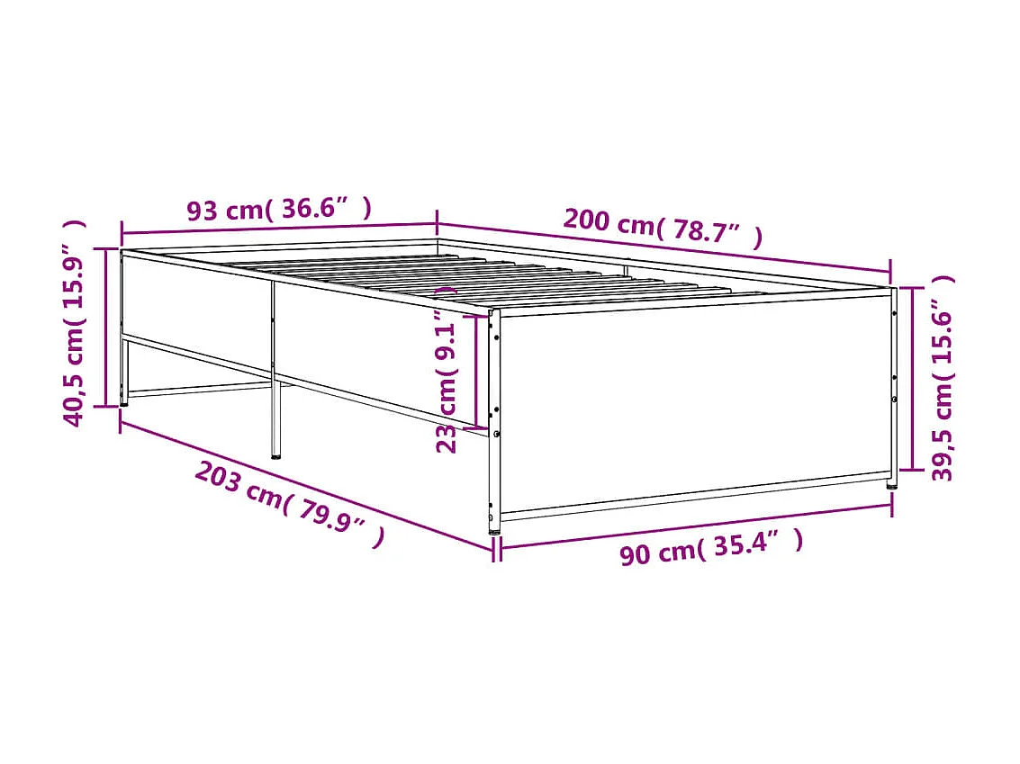 Estructura cama madera ingeniería metal roble marrón 90x200 cm