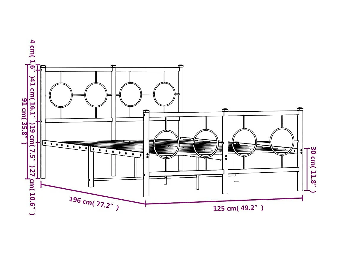 Estrutura de cama com cabeceira e pés 120x190 cm metal branco