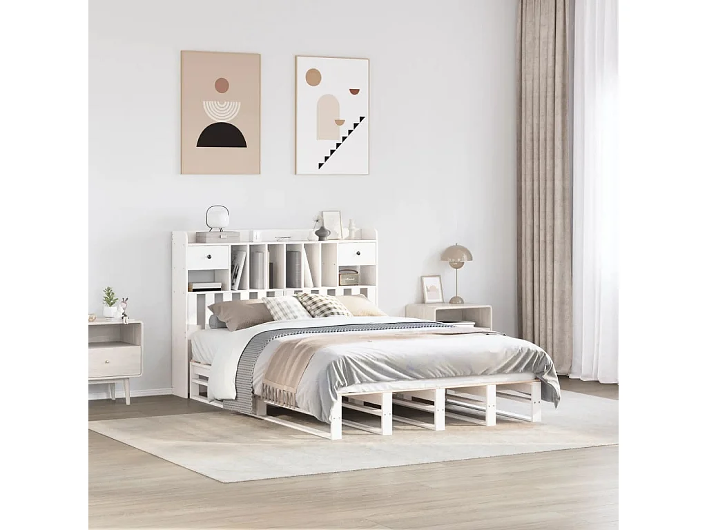 Lit bibliothèque sans matelas blanc 140x200 cm bois pin massif