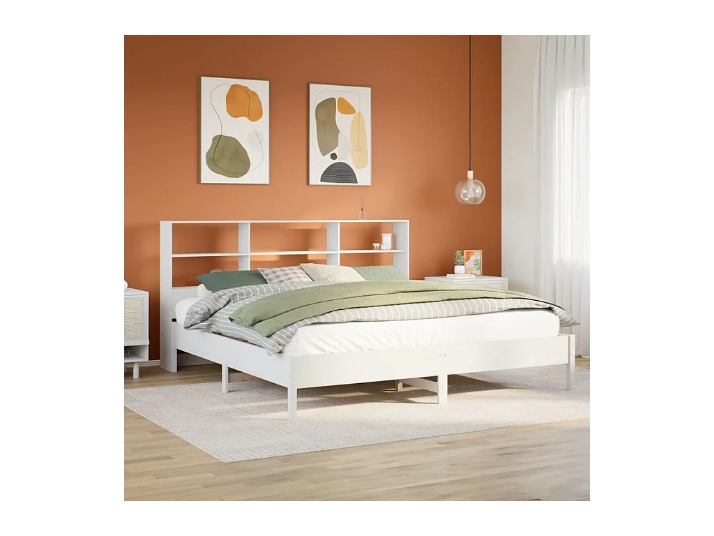 Lit bibliothèque sans matelas blanc 180x200 cm bois pin massif