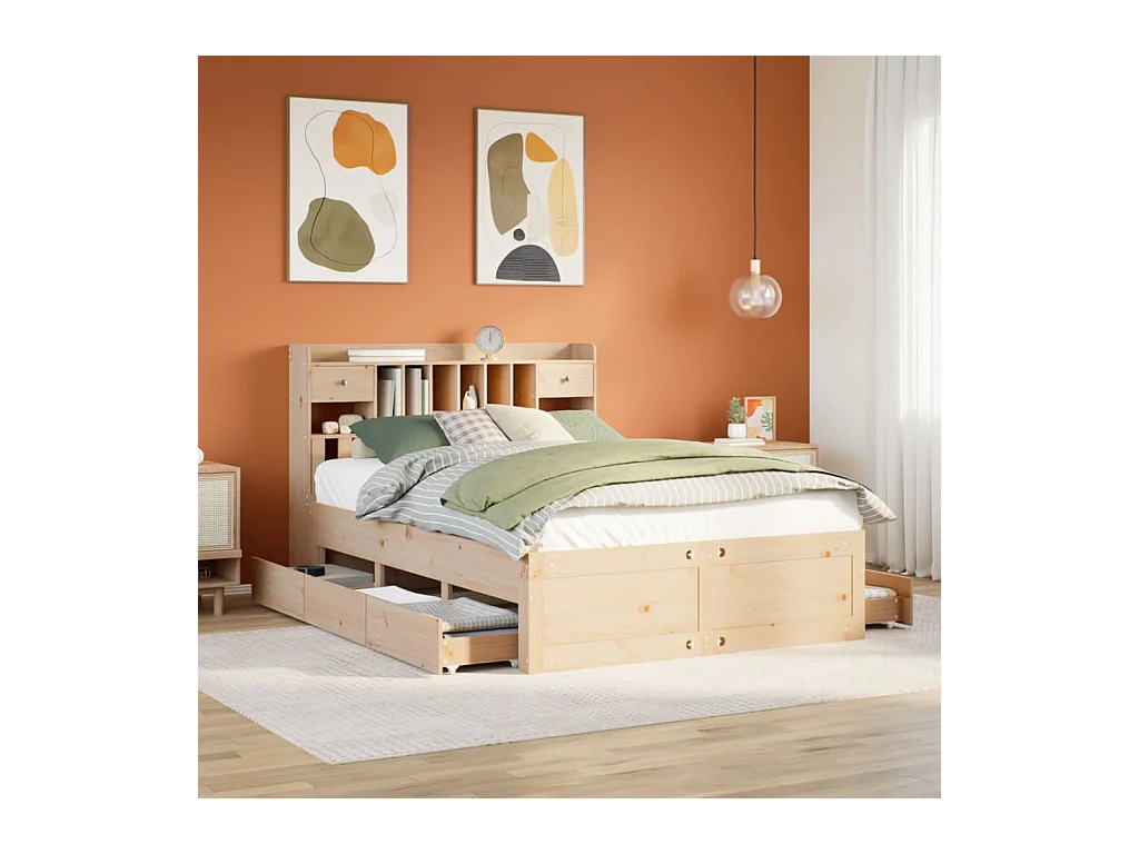 Lit bibliothèque sans matelas 150x200 cm bois massif de pin