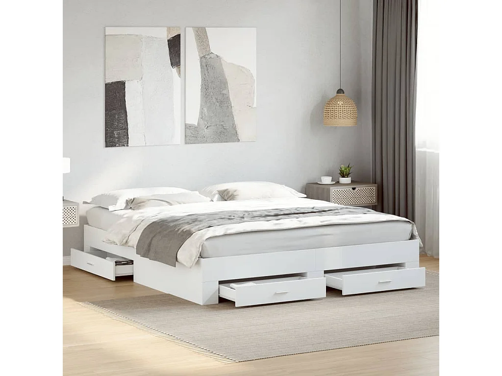 Cadre de lit avec tiroirs sans matelas blanc 200x200 cm