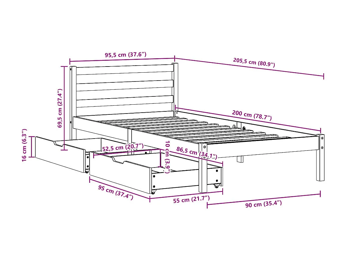Cadre de lit sans matelas blanc 90x200 cm bois de pin massif