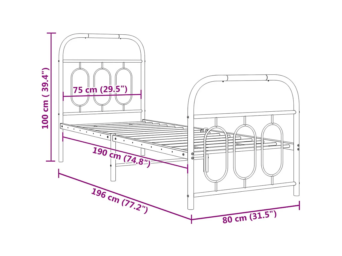Bedframe met hoofd- en voeteneinde metaal wit 75x190 cm