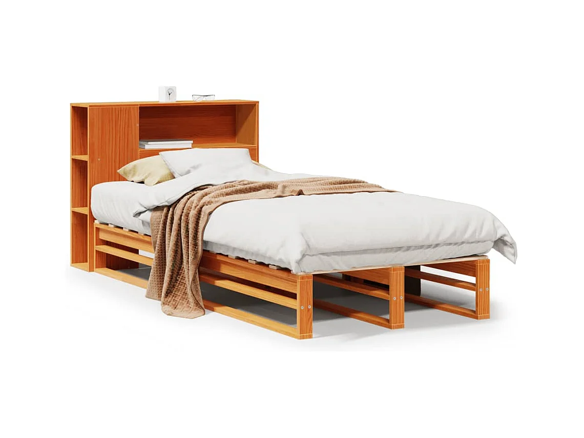 Bed met boekenkast zonder matras massief hout wasbruin 75x190cm