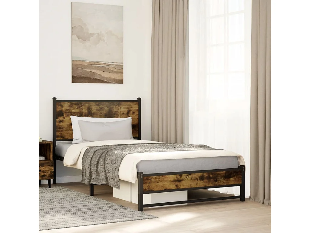 Cadre de lit en métal sans matelas chêne fumé 107x203 cm