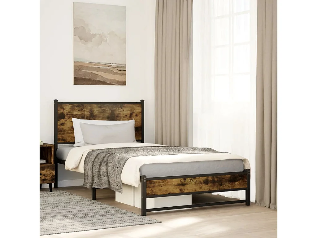 Cadre de lit en métal sans matelas chêne fumé 107x203 cm