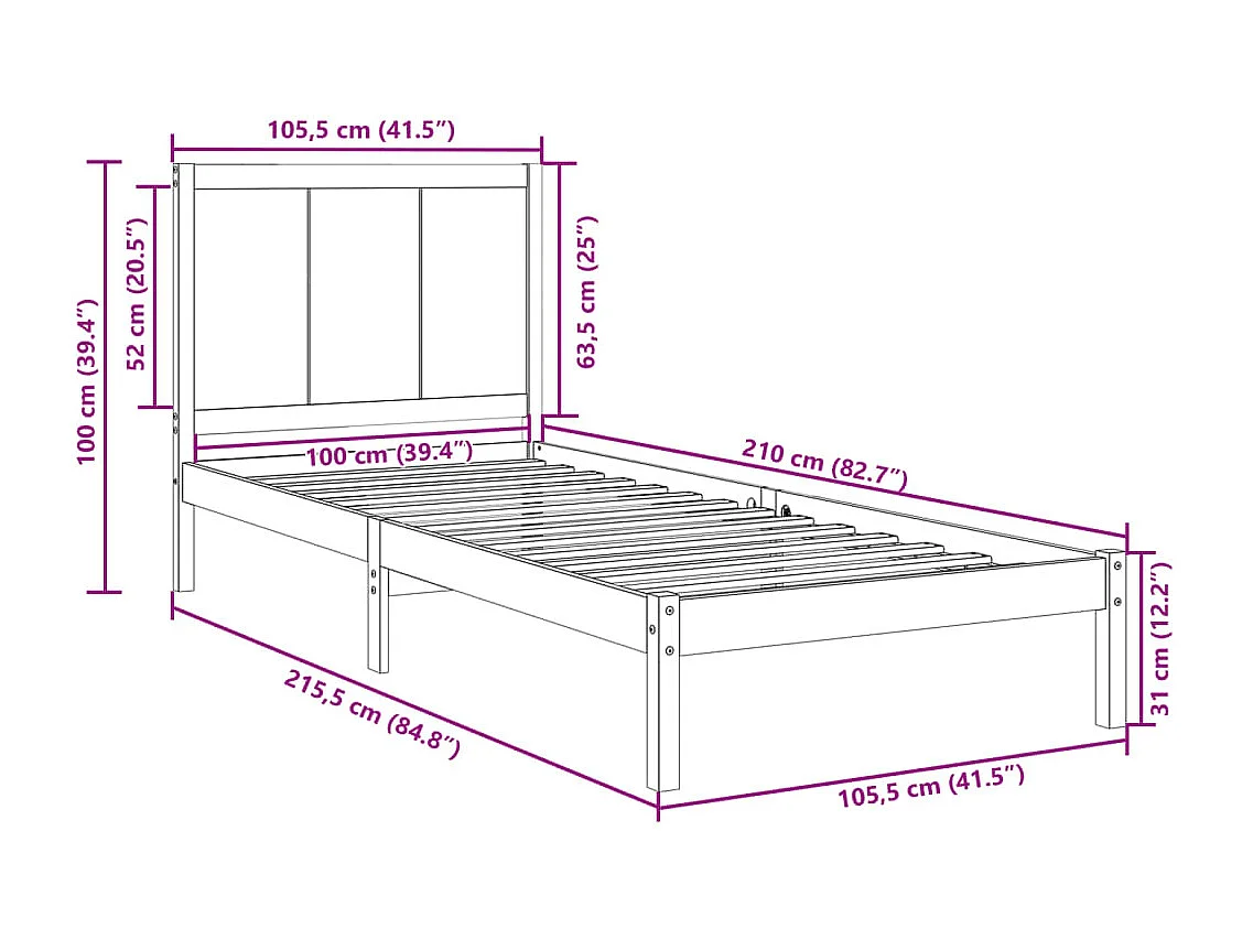 Bedframe extra lang zonder matras massief hout 100x210 cm