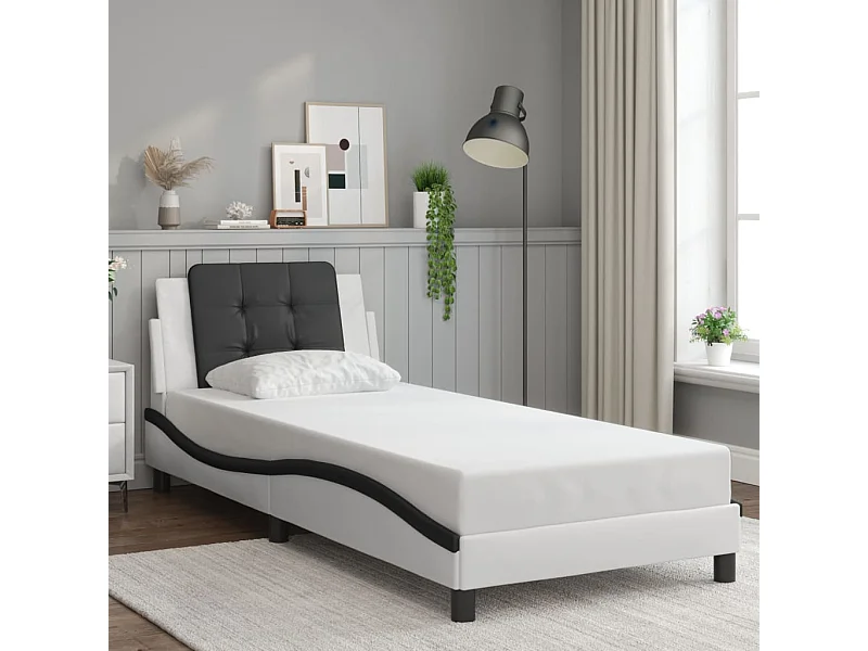 Estructura cama cabecero cuero sintético blanco negro 90x200 cm