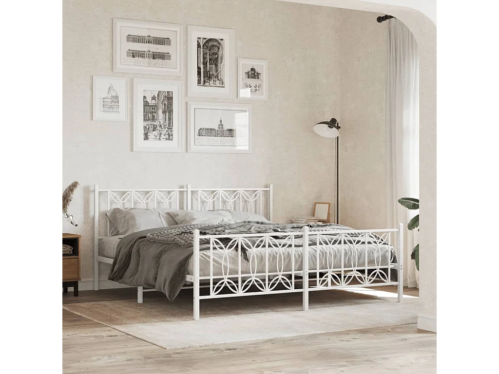 Cadre de lit métal sans matelas et pied de lit blanc 183x213 cm