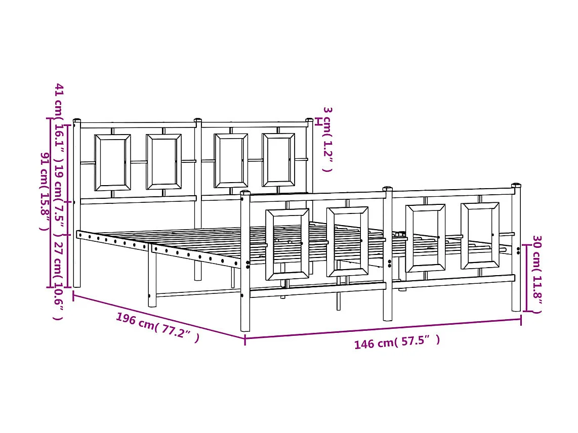 Cadre de lit métal sans matelas et pied de lit blanc 140x190 cm