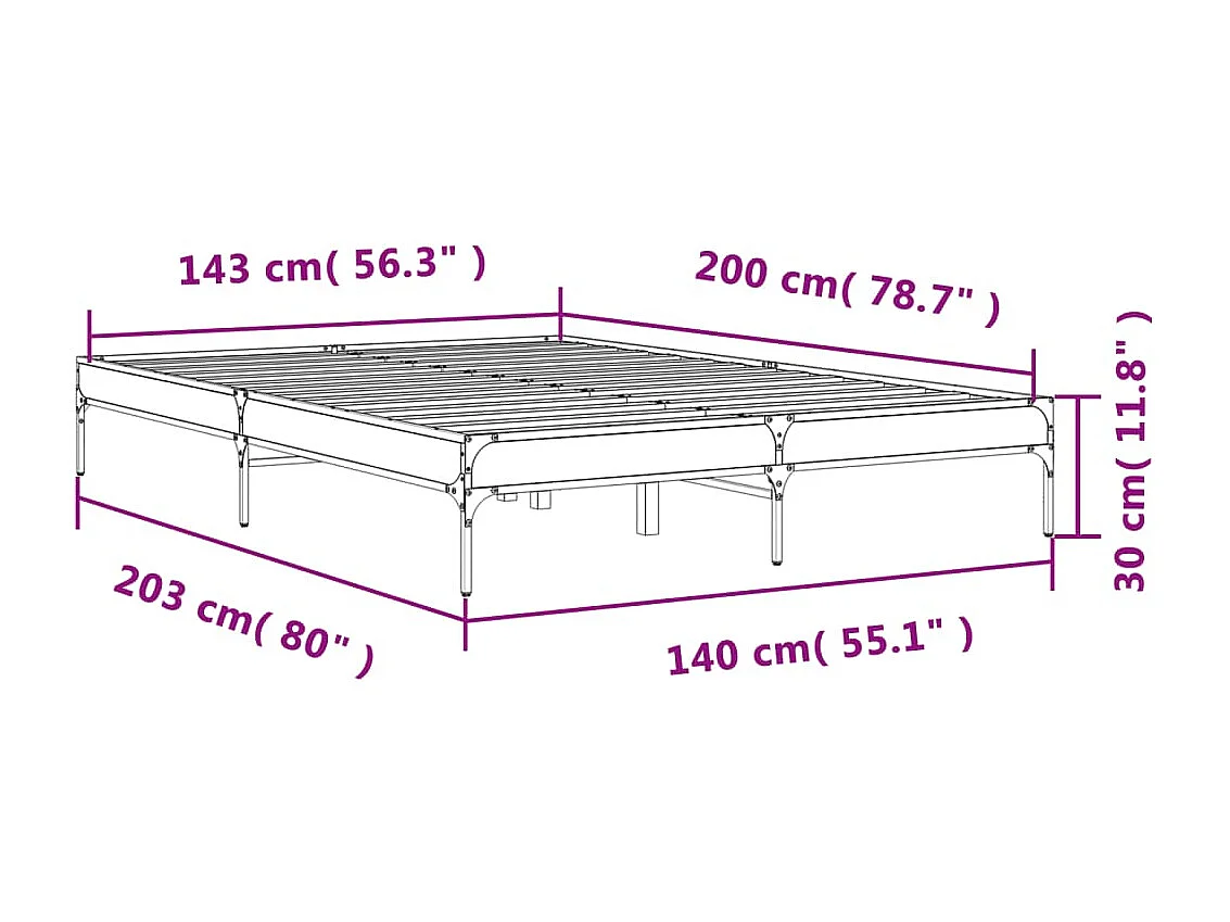 Estructura cama madera ingeniería metal gris Sonoma 140x200 cm