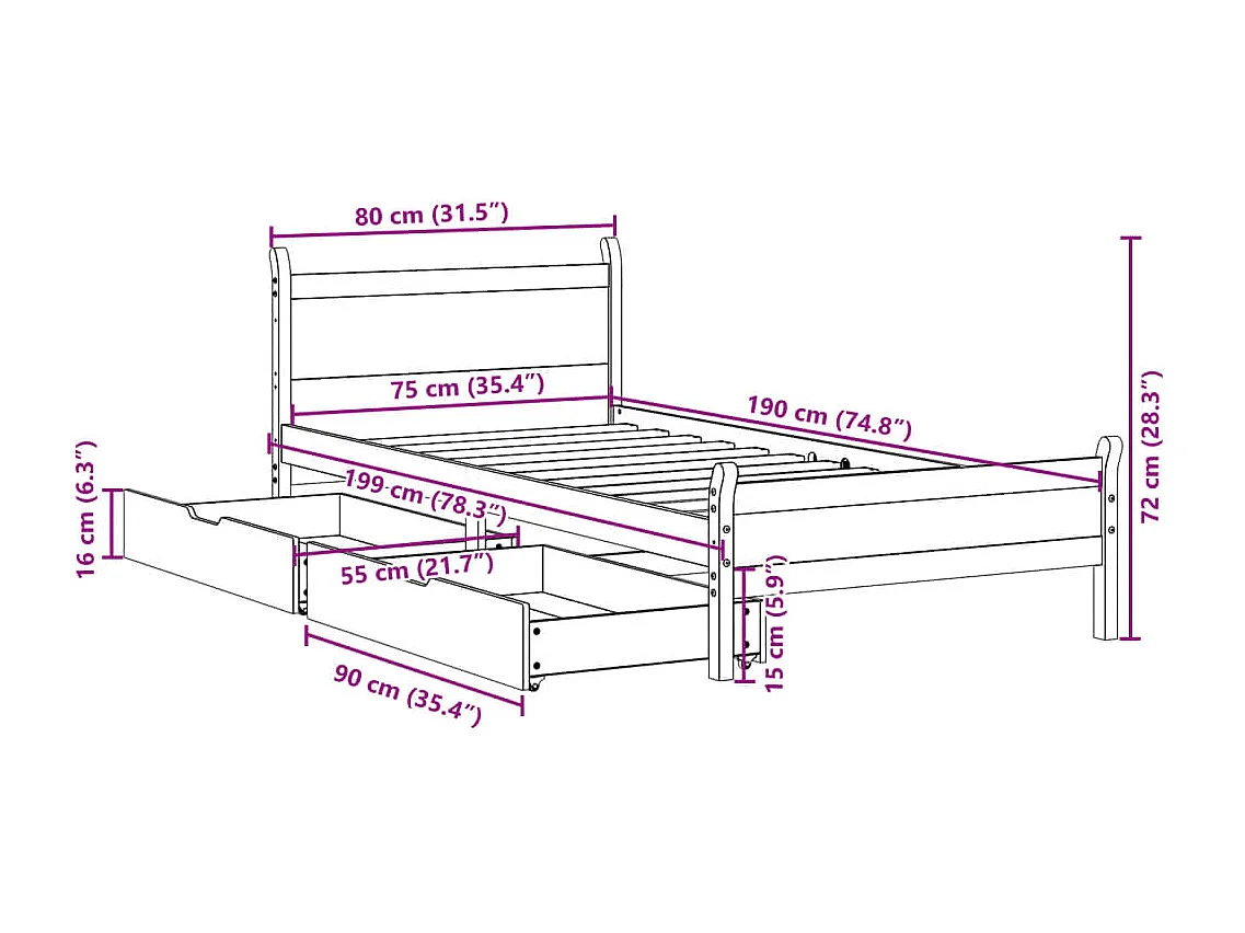 Cadre de lit sans matelas cire marron 75x190 cm bois pin massif